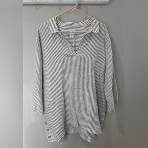 Sigrid Olsen NWT Women's Linen Tunic White Blue Pinstripe V-neck Collared 2XL